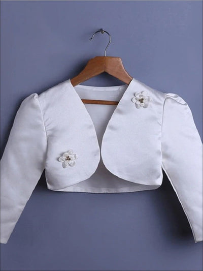 Girls Flower Embellished Satin Bolero - White / 3T - Girls Jacket