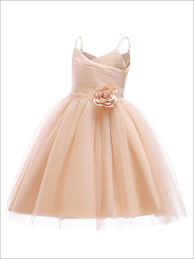 Girls Flower Embellished Sleeveless Tulle Dress - Girls Spring Dressy Dress