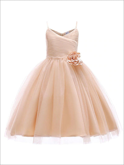 Girls Flower Embellished Sleeveless Tulle Dress - Champagne / 2T - Girls Spring Dressy Dress