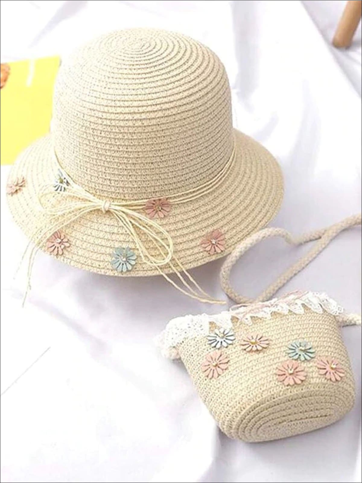 Girls Flower Embellished Straw Hat With Matching Purse - Beige - Girls Hats