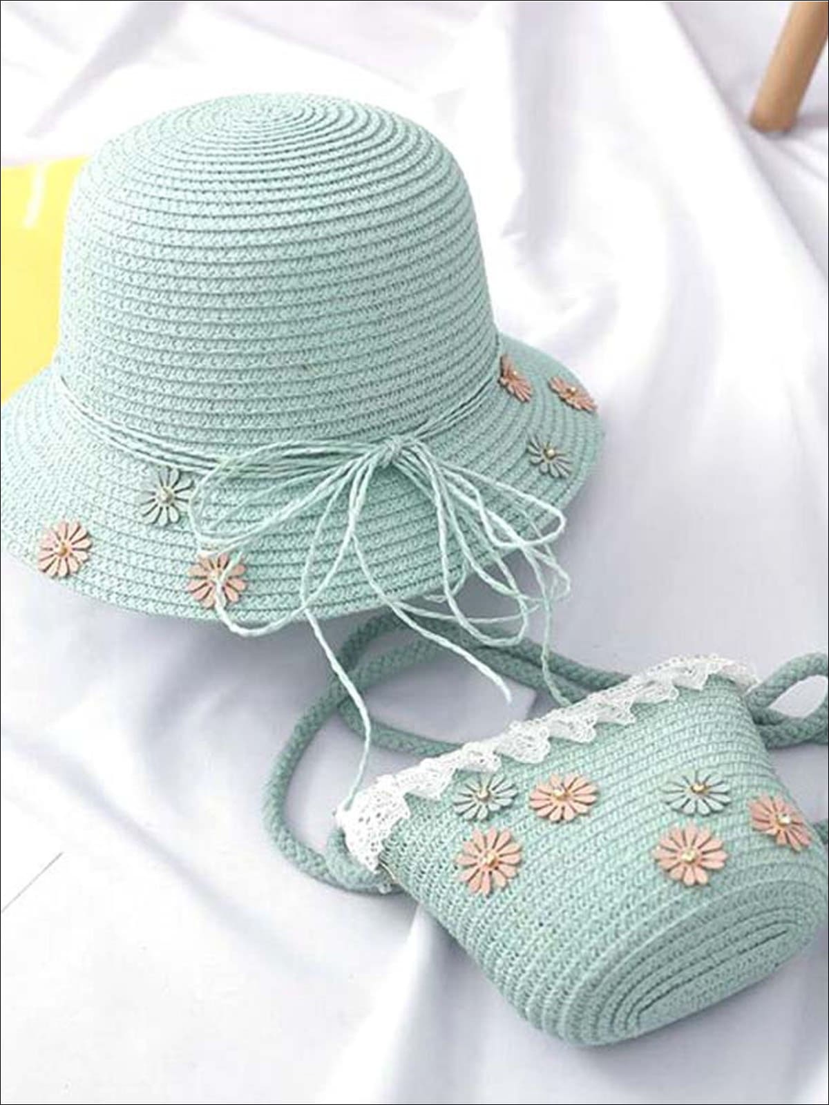 Girls Flower Embellished Straw Hat With Matching Purse - Mint - Girls Hats