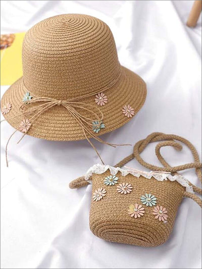 Girls Flower Embellished Straw Hat With Matching Purse - Tan - Girls Hats