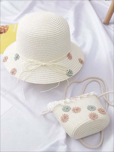 Girls Flower Embellished Straw Hat With Matching Purse - White - Girls Hats