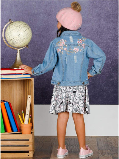 Girls Flower Embroidered Distressed Denim Jacket - Girls Jacket