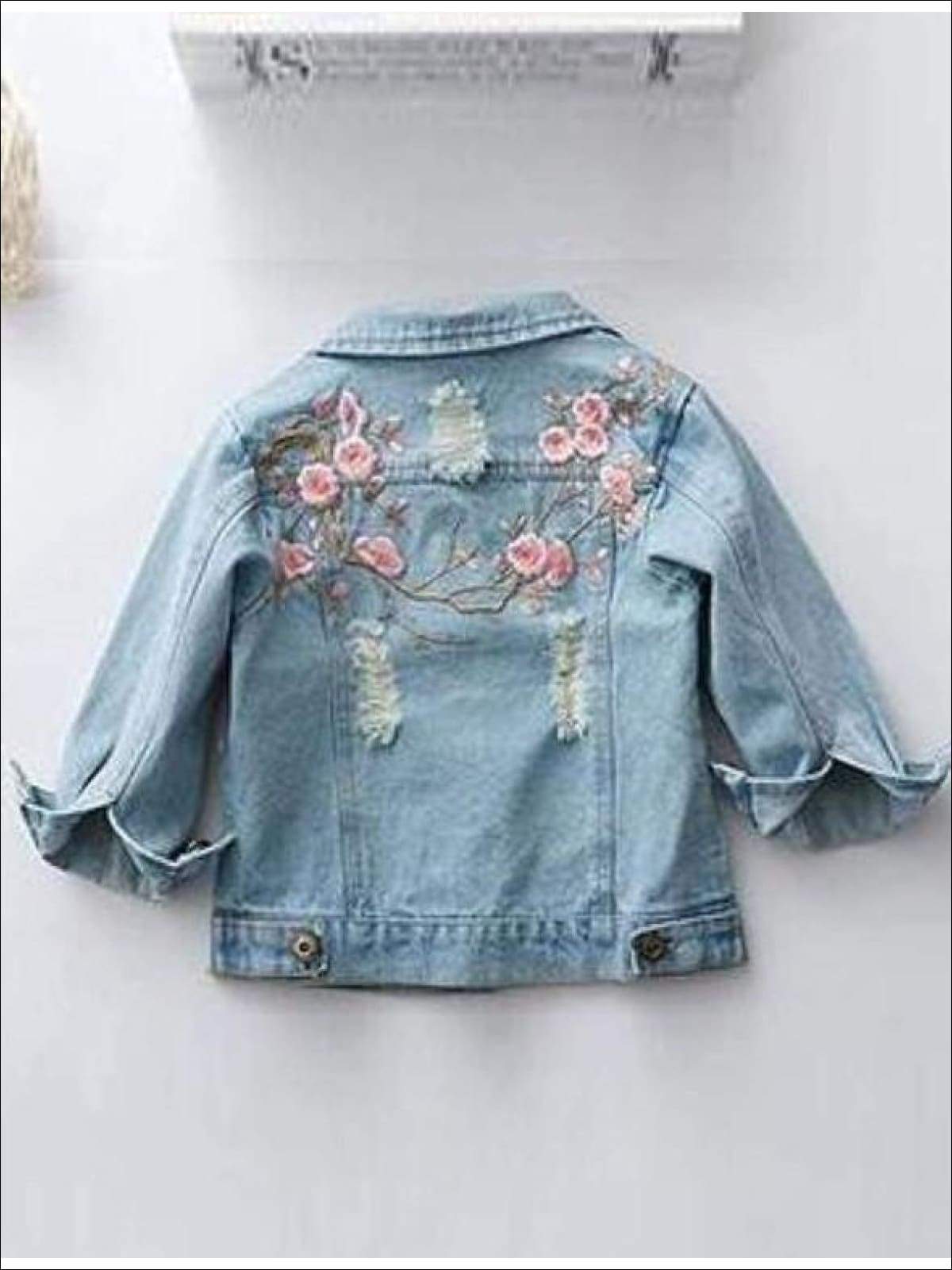 Girls Flower Embroidered Distressed Denim Jacket - 5 - Girls Jacket