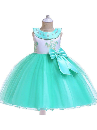 Girls Flower Embroidered Pearl Beaded Round Collar Bow Tulle Dress - Green / 3T - Girls Spring Dressy Dress