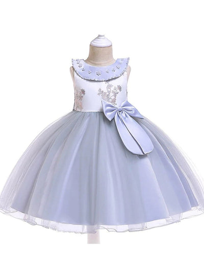 Girls Flower Embroidered Pearl Beaded Round Collar Bow Tulle Dress - Grey / 3T - Girls Spring Dressy Dress
