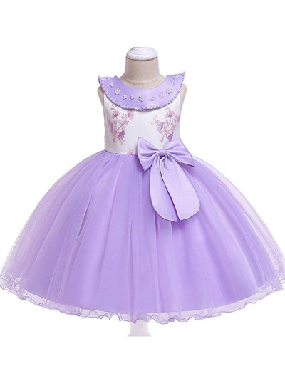Girls Flower Embroidered Pearl Beaded Round Collar Bow Tulle Dress - Purple / 3T - Girls Spring Dressy Dress