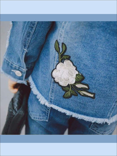 Girls Flower Patch Distressed Frayed Hem Denim Jacket - Girls Jacket