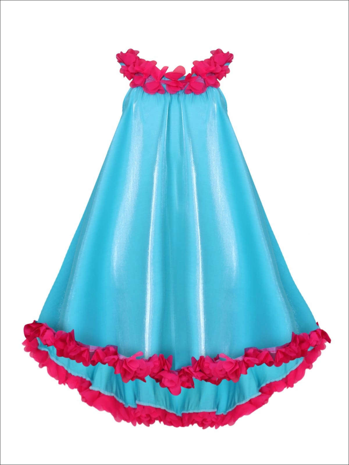 Girls Flower Trim Circle Neck Hi-Lo Swing Dress - Blue / 2T/3T - Girls Spring Casual Dress
