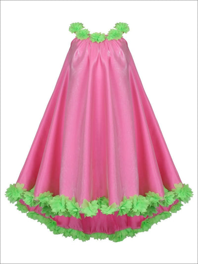 Girls Flower Trim Circle Neck Hi-Lo Swing Dress - Pink / 2T/3T - Girls Spring Casual Dress