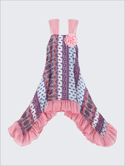 Girls Flower Trim Side Tail Ruffle Hem Dress - Pink / 2T-3T - Girls Spring Dressy Dress