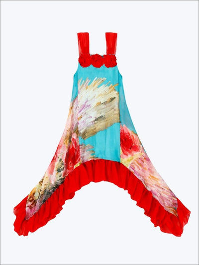 Girls Flower Trim Side Tail Ruffle Hem Dress - Turquoise / 2T-3T - Girls Spring Dressy Dress