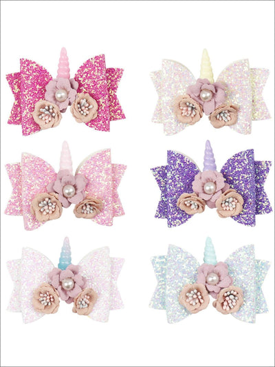 Girls Flower Unicorn Glitter Hair Bow - Hair Accessories