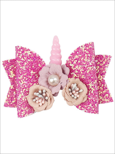 Girls Flower Unicorn Glitter Hair Bow - Hot Pink - Hair Accessories
