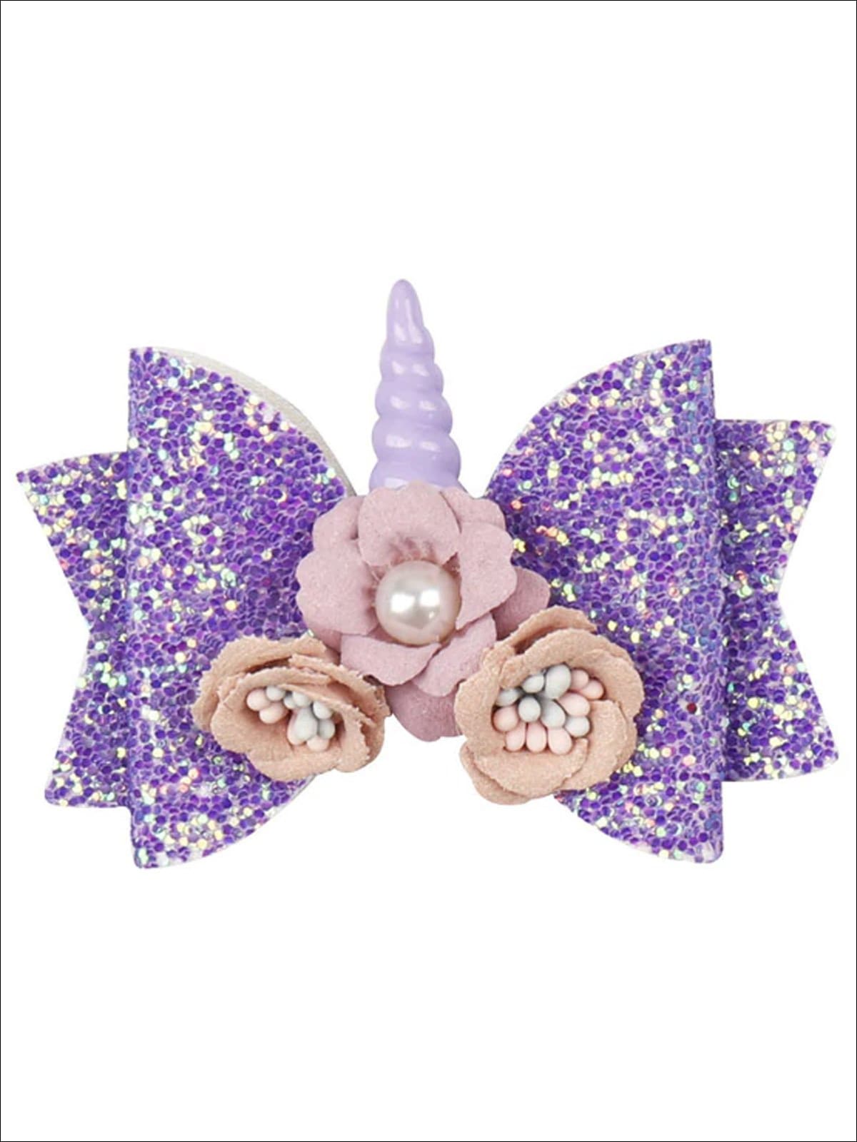 Girls Flower Unicorn Glitter Hair Bow - Purple - Hair Accessories