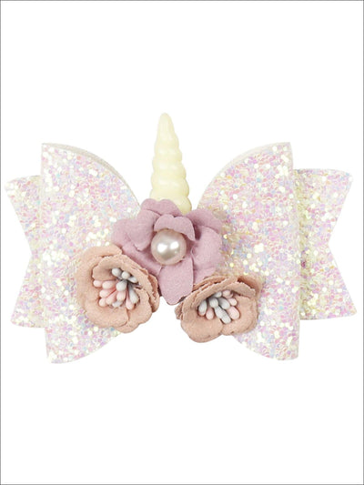 Girls Flower Unicorn Glitter Hair Bow - White - Hair Accessories