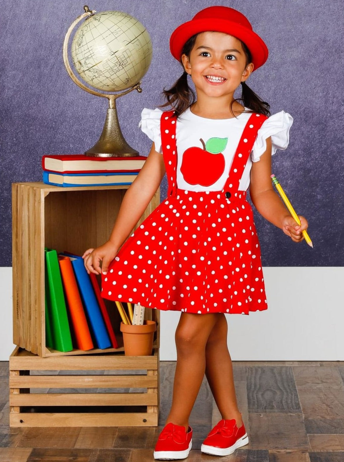 Teacher's Favorite Top & Polka Dot Pinafore Skirt Set