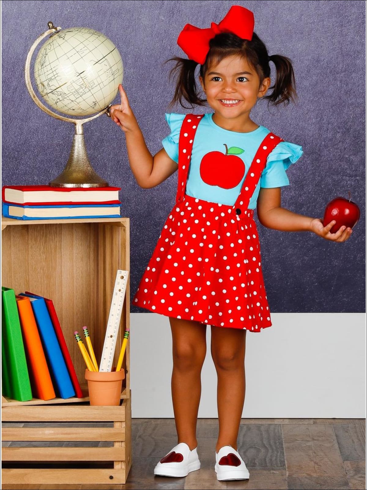 Girls Flutter Sleeve Apple Print Top & Polka Dot Overall Dress Set - Girls 1st Day of School