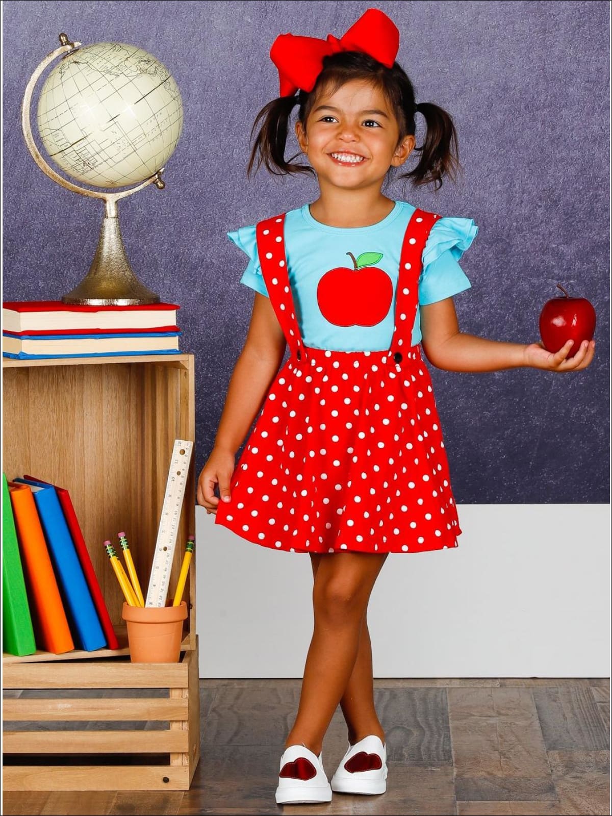 Girls Flutter Sleeve Apple Print Top & Polka Dot Overall Dress Set - Girls 1st Day of School