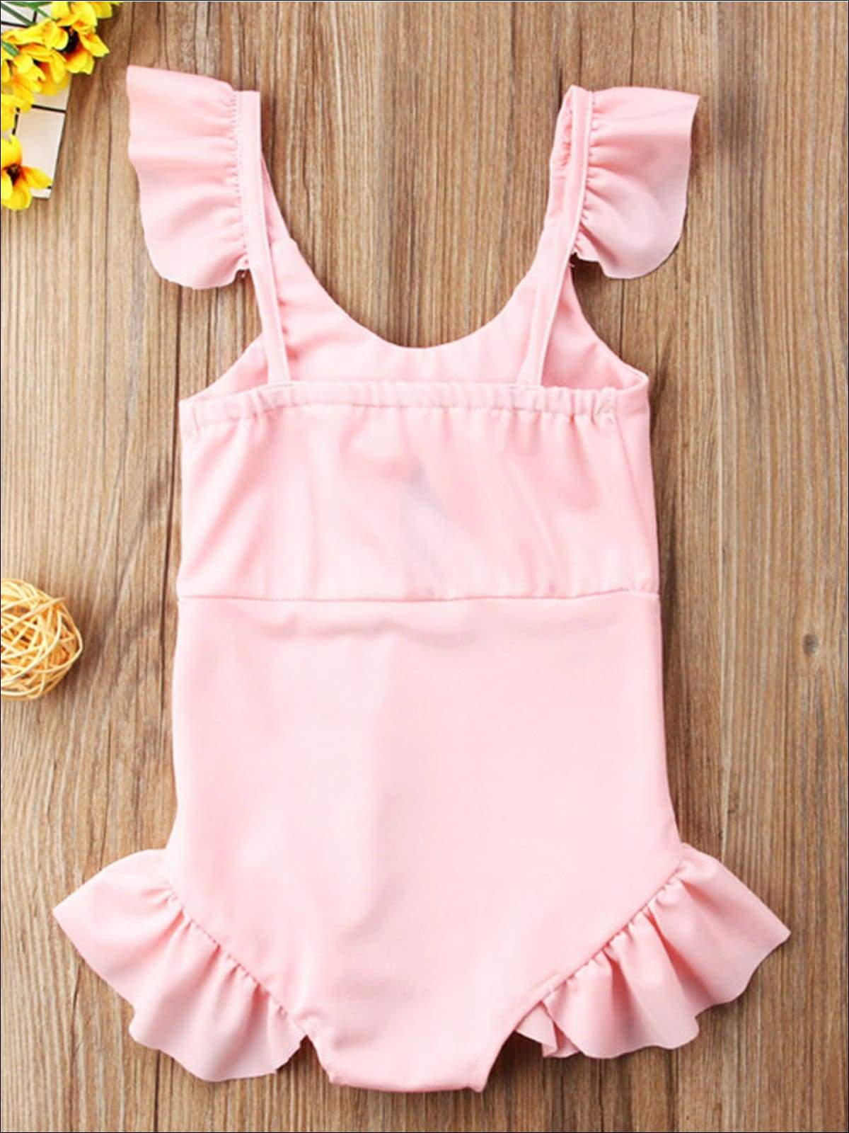 Girls Flutter Sleeve Bowknot One Piece Swimsuit With Cutout Detail - Girls Swimsuit