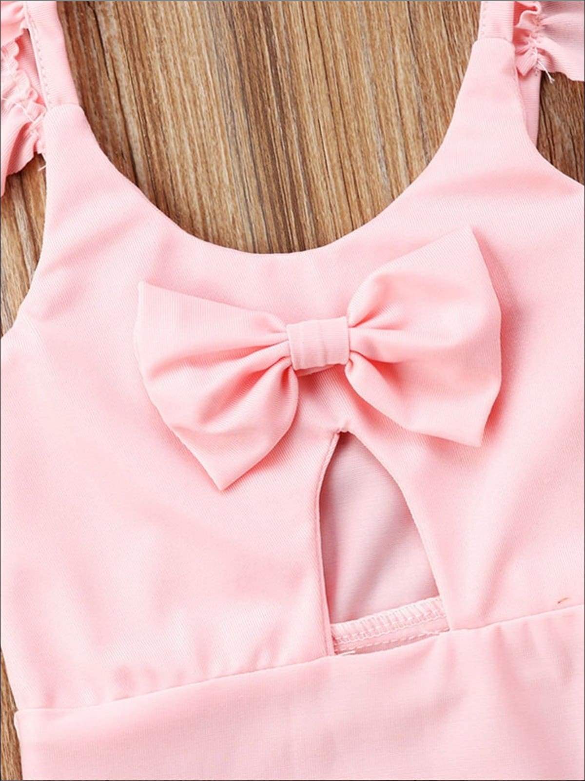Girls Flutter Sleeve Bowknot One Piece Swimsuit With Cutout Detail - Girls Swimsuit