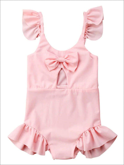 Girls Flutter Sleeve Bowknot One Piece Swimsuit With Cutout Detail - Pink / 12M - Girls Swimsuit