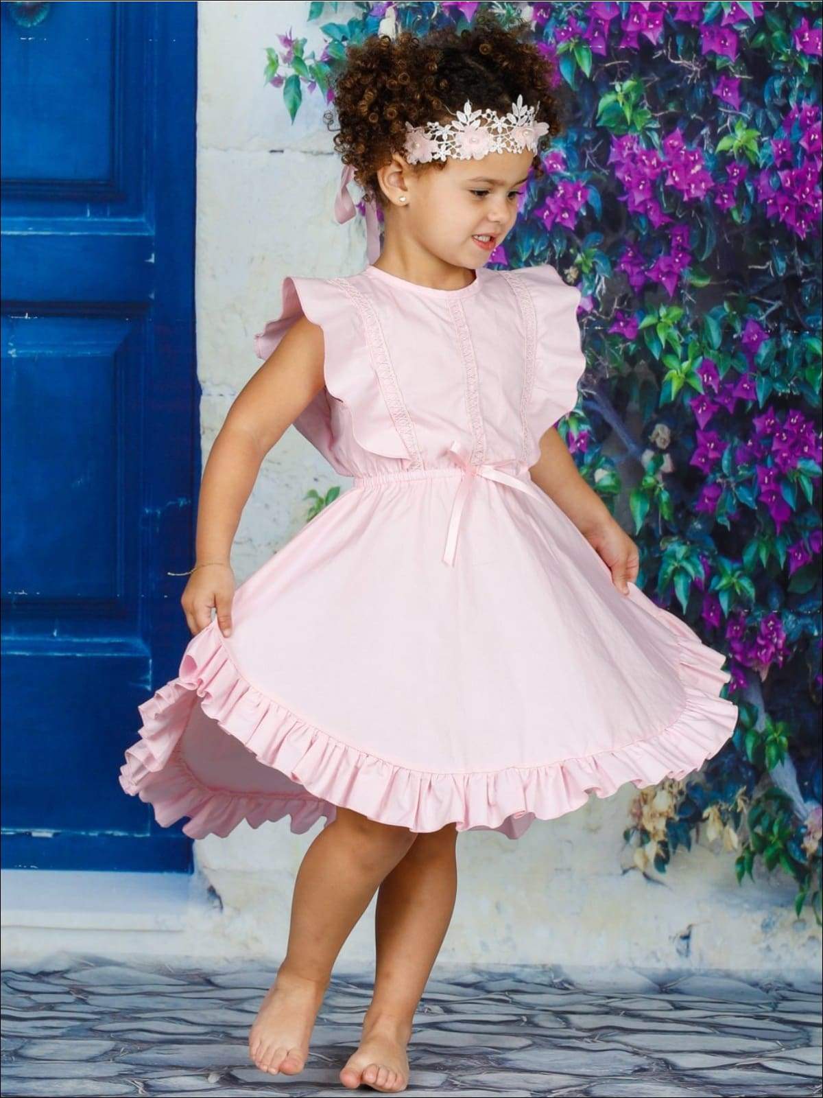 Girls Flutter Sleeve Lace Trim Ruffled Sleeve Hi Lo Dress with Bow - Pink / 2T - Girls Spring Casual Dress