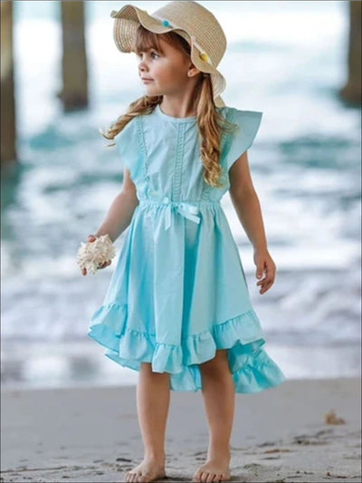 Girls Flutter Sleeve Lace Trim Ruffled Sleeve Hi Lo Dress with Bow - Girls Spring Casual Dress