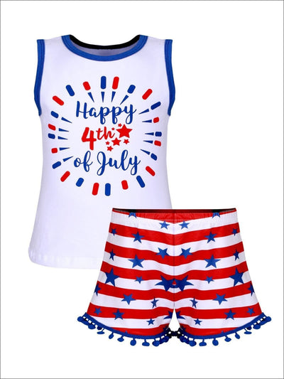 Girls Fourth of July Happy 4th of July Sleeveless Printed Top & American Flag Pom Pom Shorts Set - Girls 4th of July Set