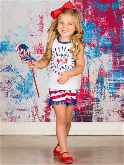 Girls Fourth of July Happy 4th of July Sleeveless Printed Top & American Flag Pom Pom Shorts Set - Red white blue / XS-2T - Girls 4th of