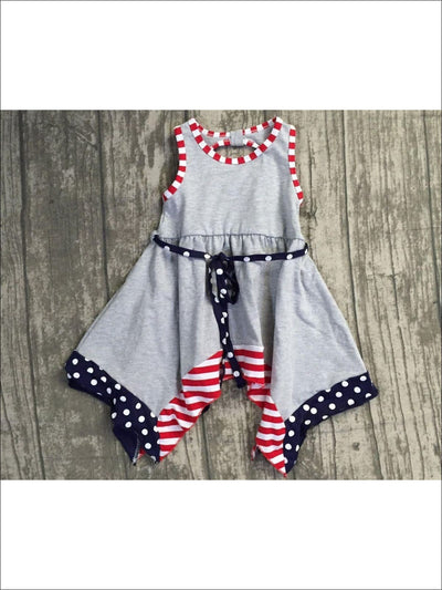 Girls Fourth of July Themed Grey Sleeveless A-Line Handkerchief Front Tie Tunic Dress - Girls 4th of July Dress