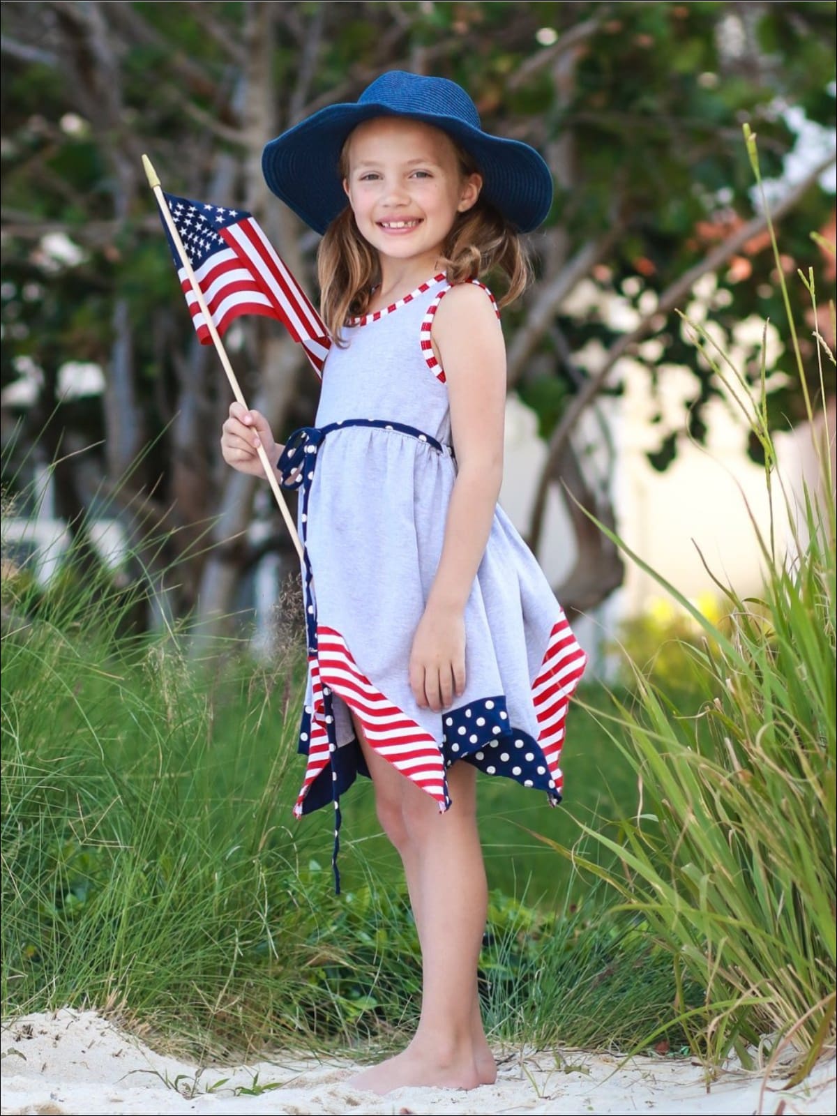 Girls Fourth of July Themed Grey Sleeveless A-Line Handkerchief Front Tie Tunic Dress - Girls 4th of July Dress