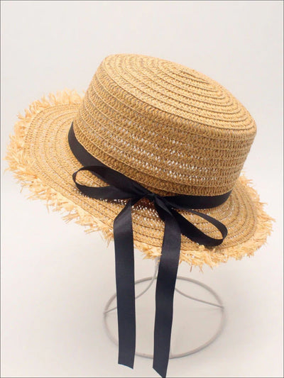 Girls Frayed Edge Straw Hat With Long Ribbon and Bow - Girls Hats