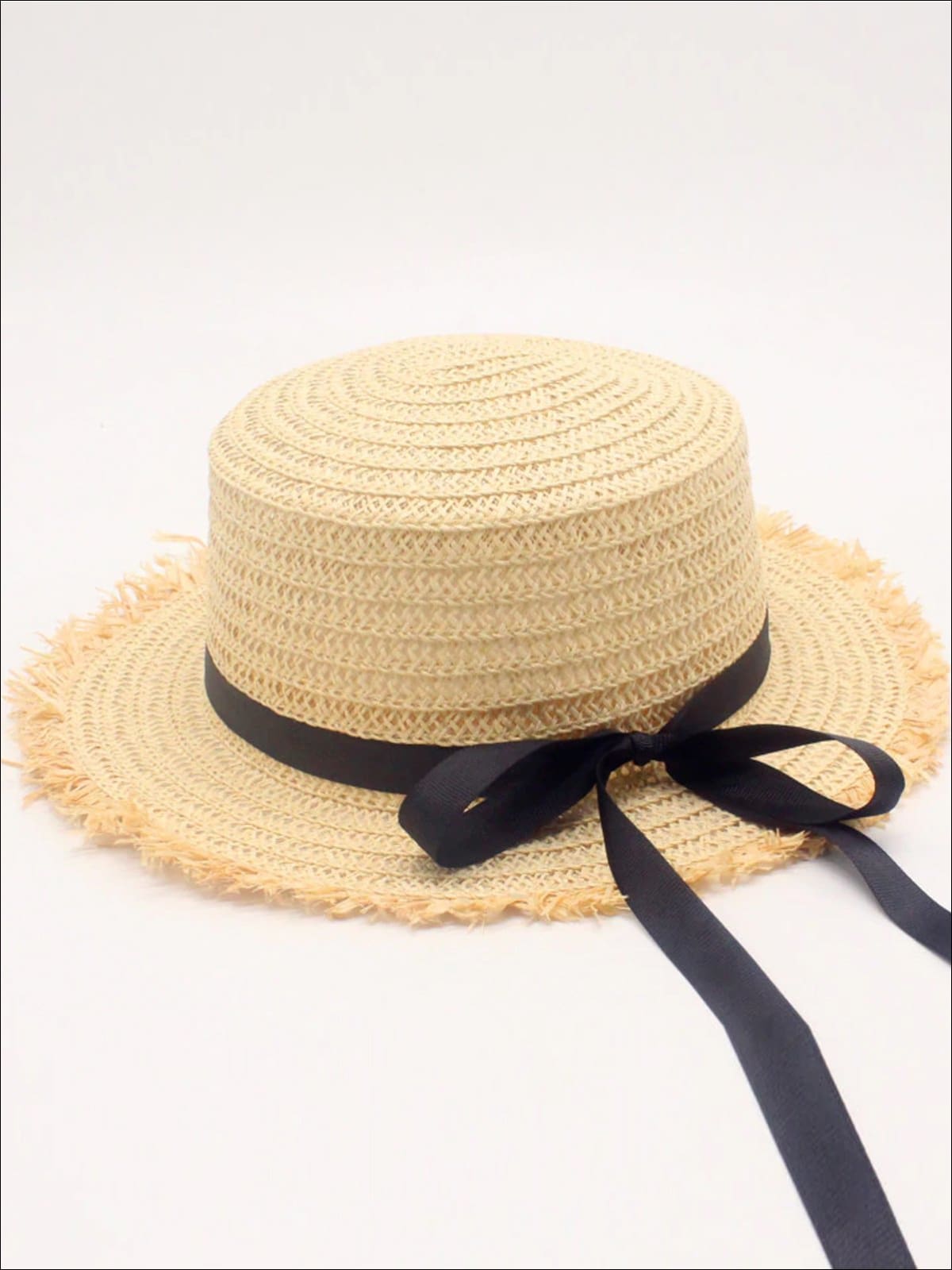 Girls Frayed Edge Straw Hat With Long Ribbon and Bow - Beige / One Size - Girls Hats