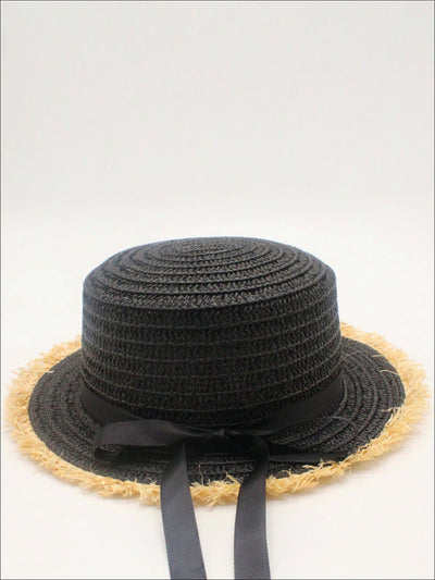 Girls Frayed Edge Straw Hat With Long Ribbon and Bow - Black / One Size - Girls Hats