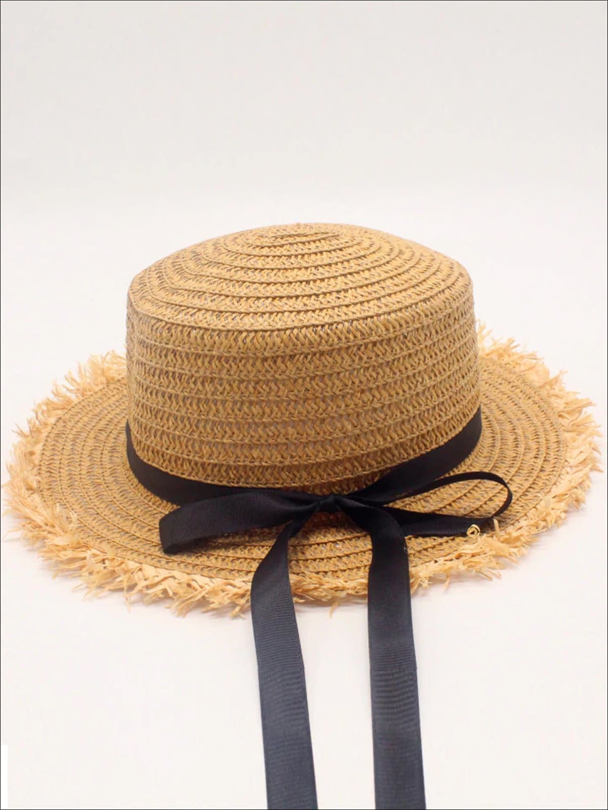 Girls Frayed Edge Straw Hat With Long Ribbon and Bow - Tan / One Size - Girls Hats