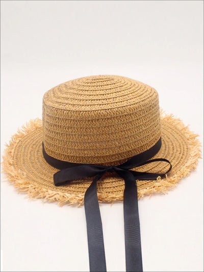Girls Frayed Edge Straw Hat With Long Ribbon and Bow - Tan / One Size - Girls Hats