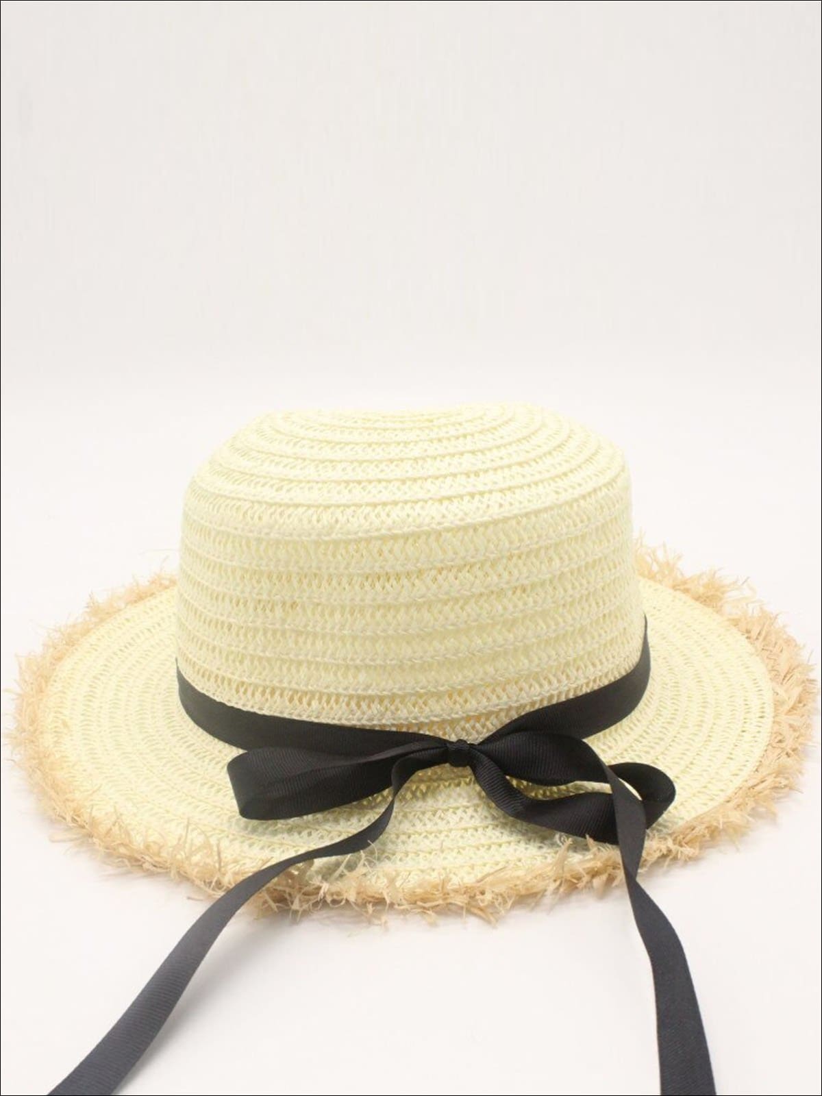 Girls Frayed Edge Straw Hat With Long Ribbon and Bow - White / One Size - Girls Hats