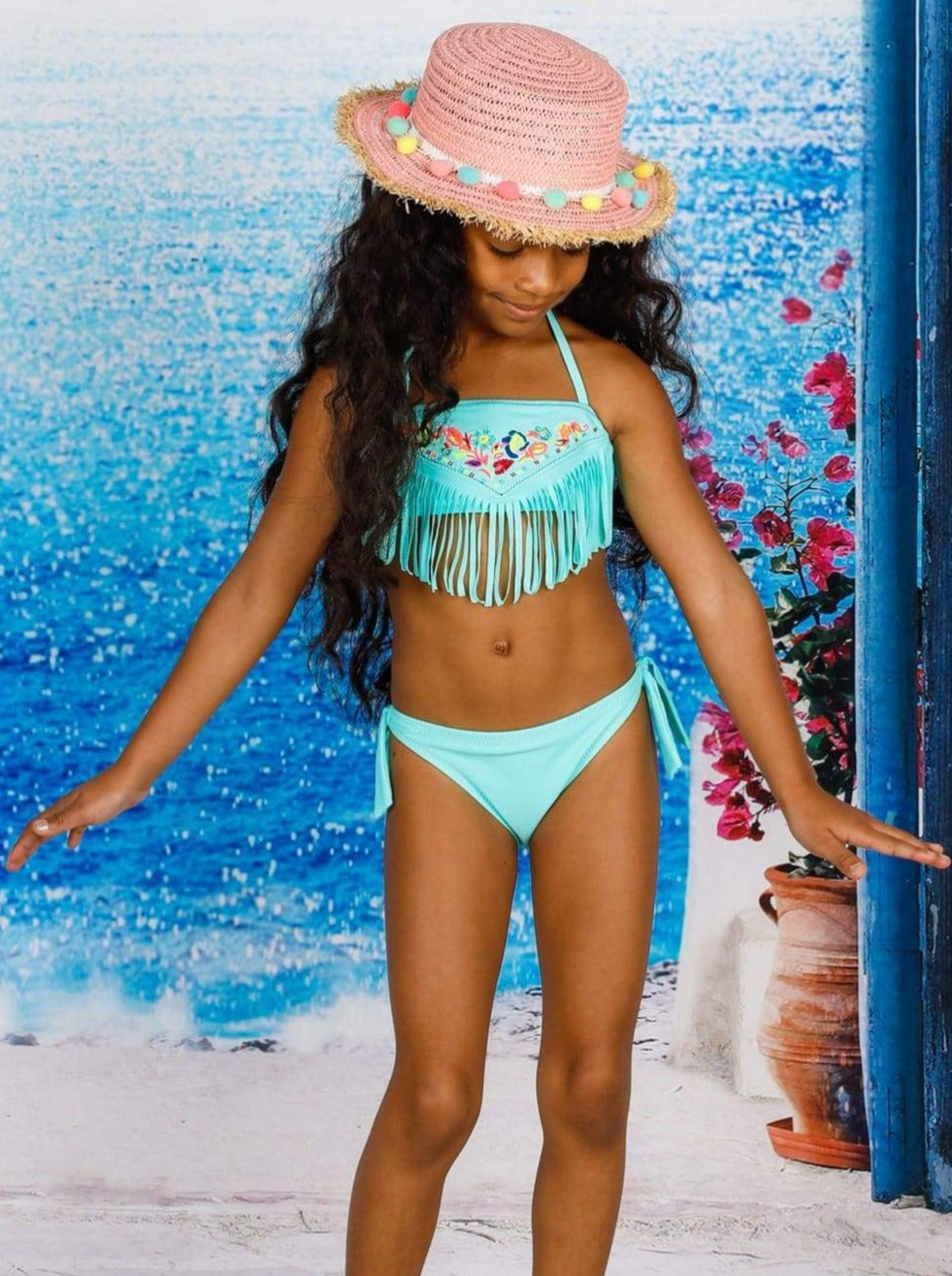 Girls Fringe Floral Embroidered Two Piece Swimsuit - Girls Two Piece Swimsuit