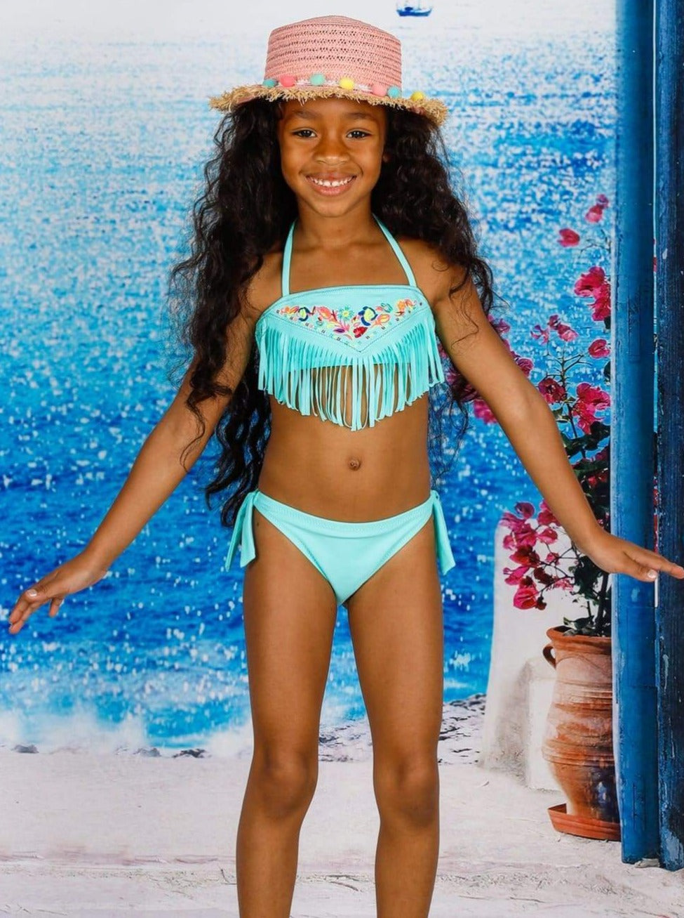 Mia Belle Girls Fringe Floral Embroidered Two Piece Swimsuit