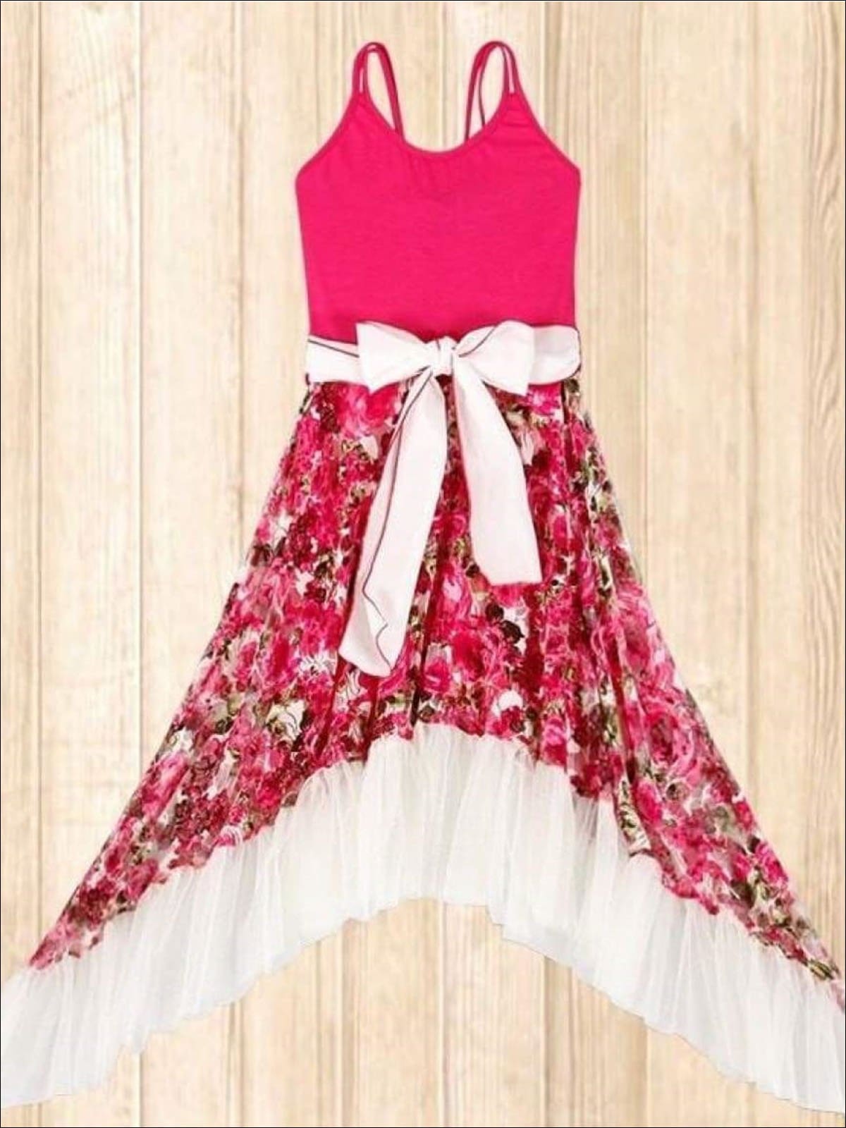 Girls Fuchsia Floral Print Lace Side Tail Halter Maxi Dress with Ruffle Hem - 2T/3T / Fuchsia - Girls Spring Dressy Dress