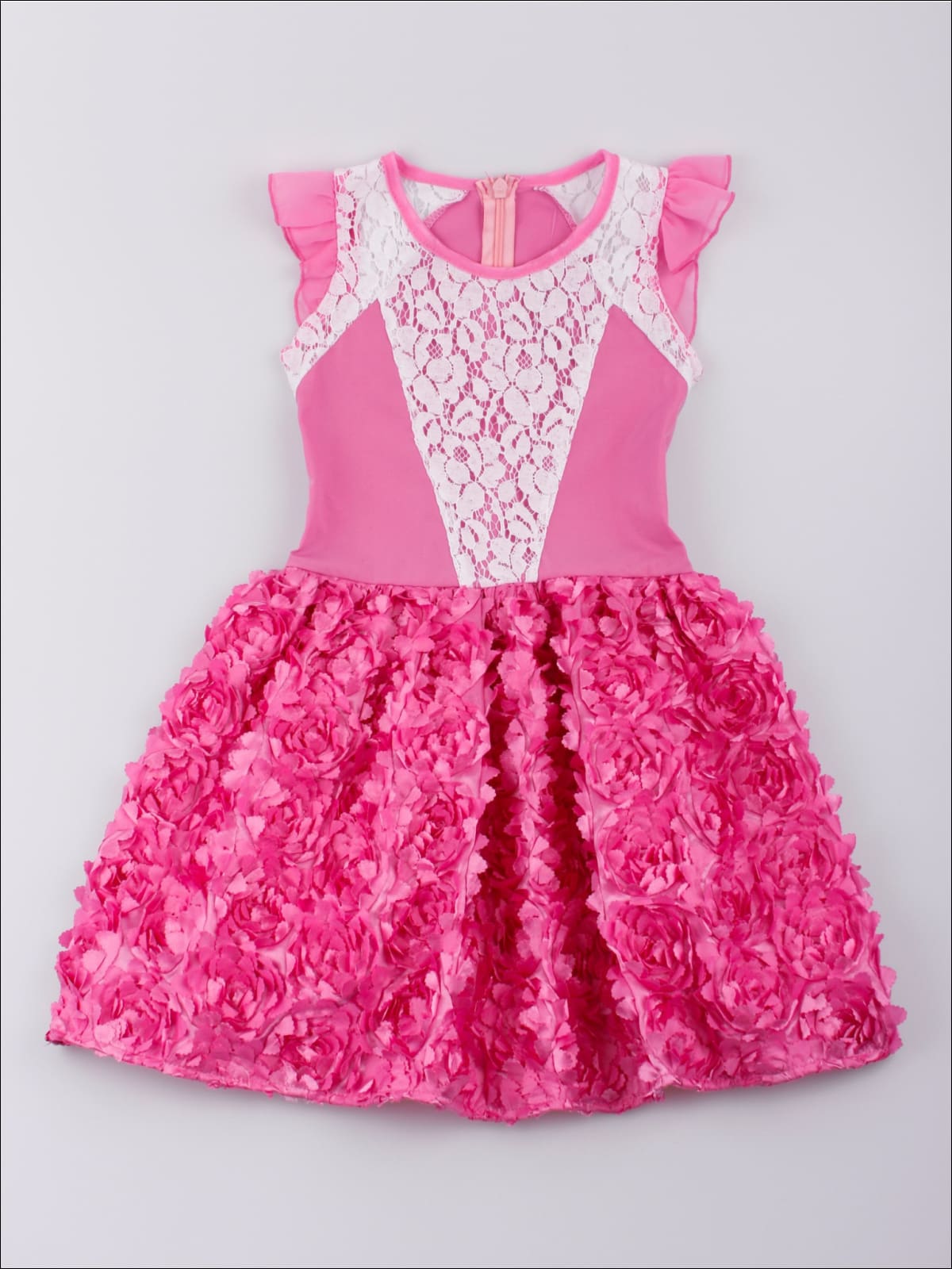 Girls Fuchsia Rosette Dress with Delicate Trim - Girls Spring Casual Dress