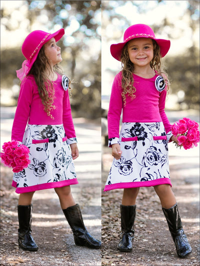 Girls Fuchsia/White/Black Floral A-Line Dress with Faux Pockets & Flower Clip - Girls Fall Dress