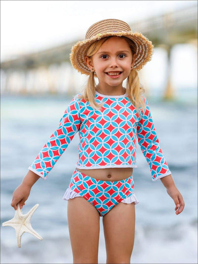 Girls Printed Long Sleeve Rash Guard Top & Side Ruffle Bottom Two Piece Rash Guard Swimsuit - Girls Two Piece Swimsuit
