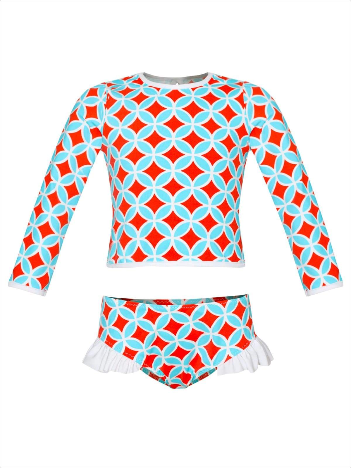 Girls Printed Long Sleeve Rash Guard Top & Side Ruffle Bottom Two Piece Rash Guard Swimsuit - Mint / 2T/3T - Girls Two Piece Swimsuit