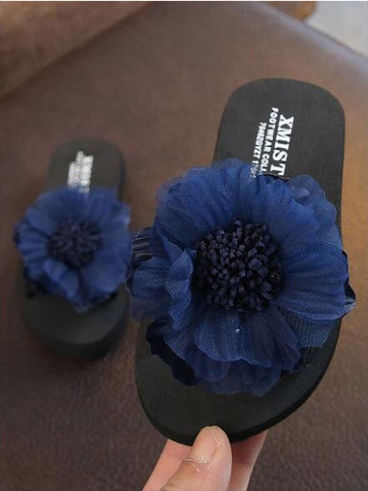Girls Giant Embellished Flower Flip Flops - Blue / 1 - Girls Slides