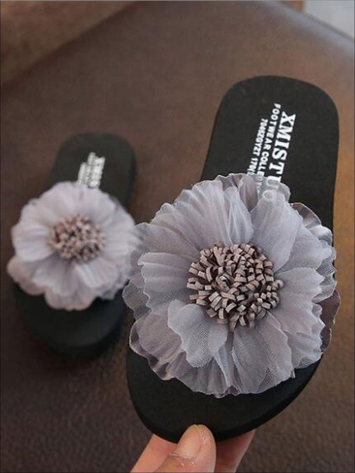 Girls Giant Embellished Flower Flip Flops - Grey / 1 - Girls Slides
