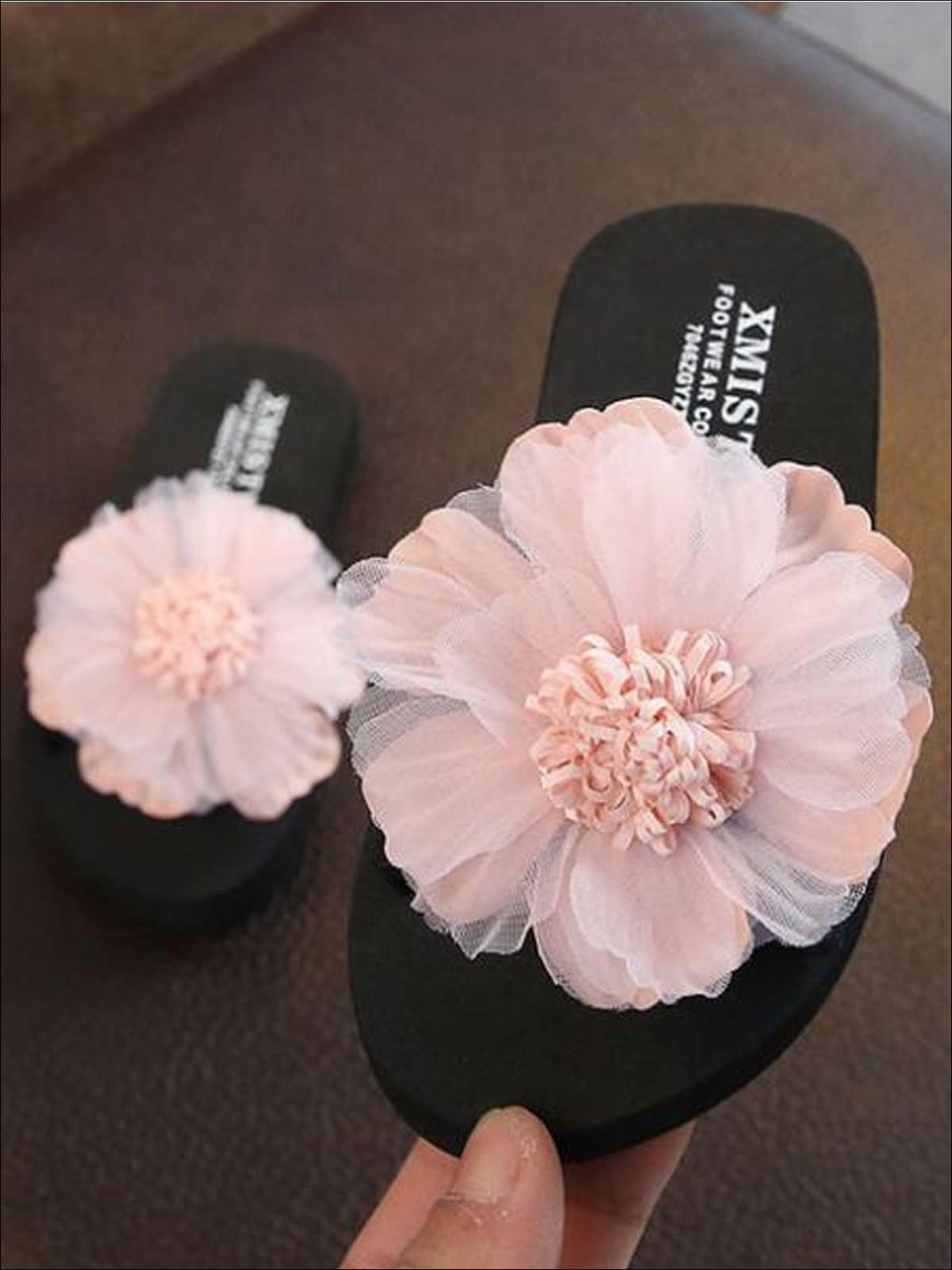 Girls Giant Embellished Flower Flip Flops - Pink / 1 - Girls Slides