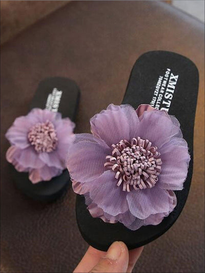Girls Giant Embellished Flower Flip Flops - Purple / 1 - Girls Slides